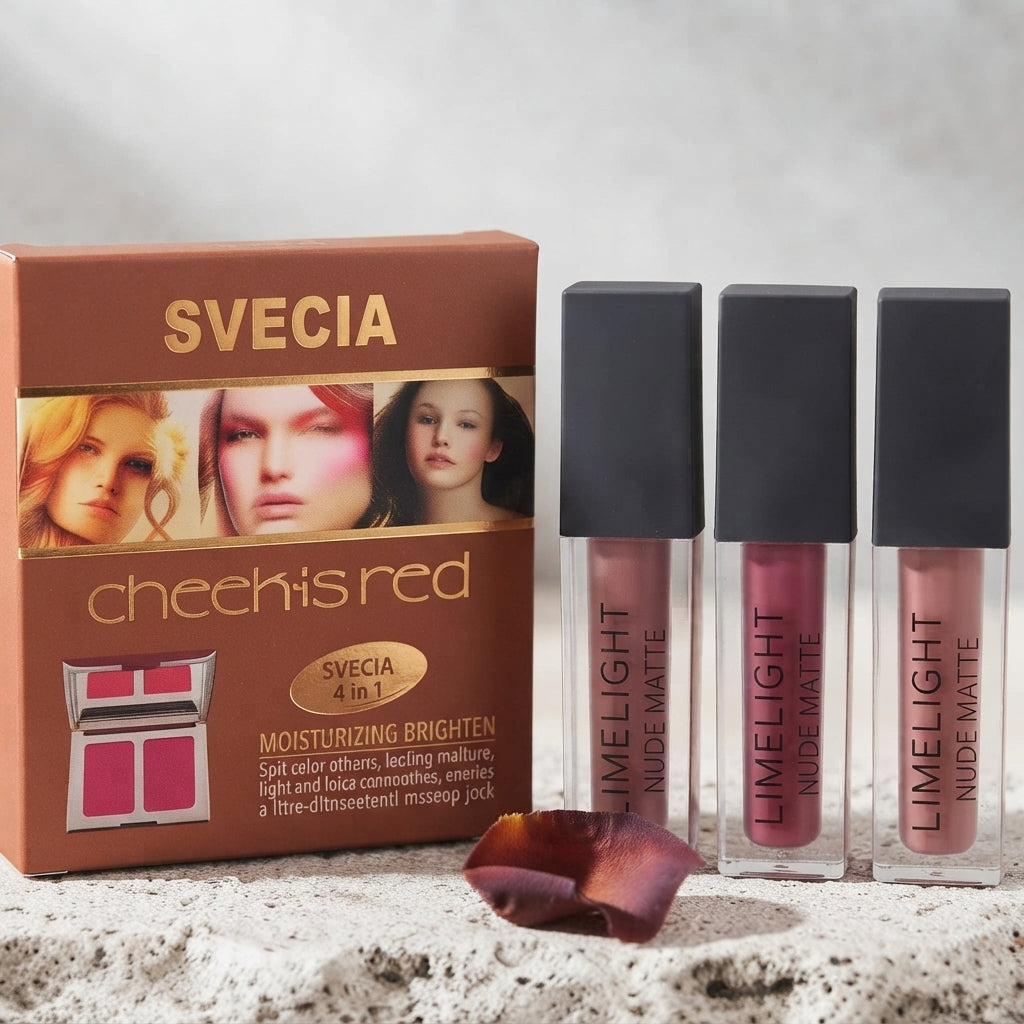 SVECIA Cheek is Red 4-in-1 Makeup Kit & Limelight Nude Matte Liquid Lipstick Combo