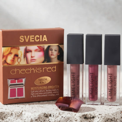 SVECIA Cheek is Red 4-in-1 Makeup Kit & Limelight Nude Matte Liquid Lipstick Combo