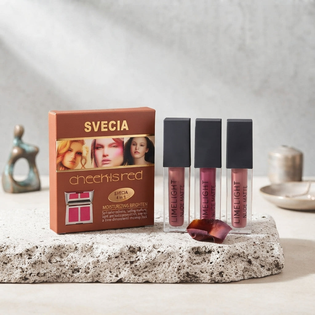 SVECIA Cheek is Red 4-in-1 Makeup Kit & Limelight Nude Matte Liquid Lipstick Combo