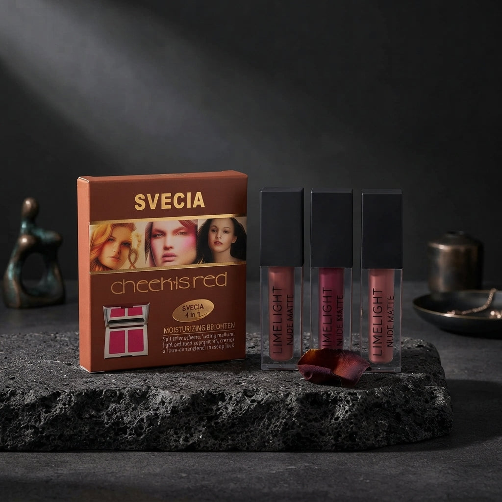 SVECIA Cheek is Red 4-in-1 Makeup Kit & Limelight Nude Matte Liquid Lipstick Combo